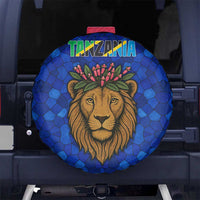 Tanzania Simba Lion Spare Tire Cover with Floral Crown and Blue Mosaic Design