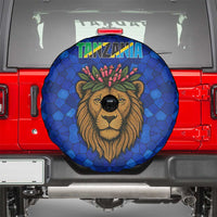 Tanzania Simba Lion Spare Tire Cover with Floral Crown and Blue Mosaic Design