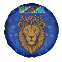Tanzania Simba Lion Spare Tire Cover with Floral Crown and Blue Mosaic Design