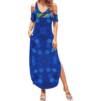 Tanzania Simba Lion Summer Maxi Dress with Floral Crown and Blue Mosaic Design