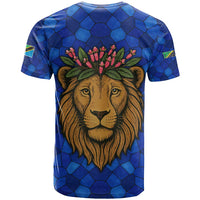 Tanzania Simba Lion T Shirt with Floral Crown and Blue Mosaic Design