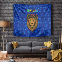 Tanzania Simba Lion Tapestry with Floral Crown and Blue Mosaic Design