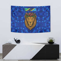 Tanzania Simba Lion Tapestry with Floral Crown and Blue Mosaic Design