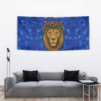 Tanzania Simba Lion Tapestry with Floral Crown and Blue Mosaic Design