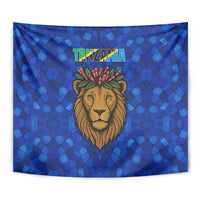 Tanzania Simba Lion Tapestry with Floral Crown and Blue Mosaic Design