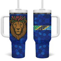 Tanzania Simba Lion Tumbler With Handle with Floral Crown and Blue Mosaic Design