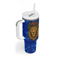 Tanzania Simba Lion Tumbler With Handle with Floral Crown and Blue Mosaic Design