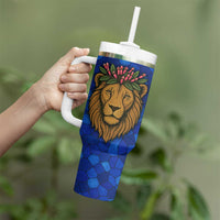 Tanzania Simba Lion Tumbler With Handle with Floral Crown and Blue Mosaic Design