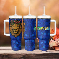 Tanzania Simba Lion Tumbler With Handle with Floral Crown and Blue Mosaic Design