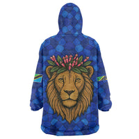 Tanzania Simba Lion Wearable Blanket Hoodie with Floral Crown and Blue Mosaic Design