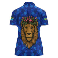 Tanzania Simba Lion Women Polo Shirt with Floral Crown and Blue Mosaic Design