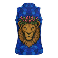 Tanzania Simba Lion Women Sleeveless Polo Shirt with Floral Crown and Blue Mosaic Design