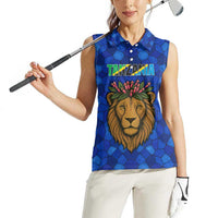 Tanzania Simba Lion Women Sleeveless Polo Shirt with Floral Crown and Blue Mosaic Design