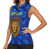Tanzania Simba Lion Women Sleeveless Polo Shirt with Floral Crown and Blue Mosaic Design