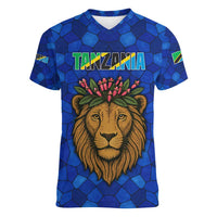 Tanzania Simba Lion Women V-Neck T-Shirt with Floral Crown and Blue Mosaic Design