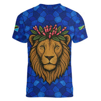Tanzania Simba Lion Women V-Neck T-Shirt with Floral Crown and Blue Mosaic Design