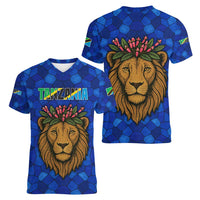Tanzania Simba Lion Women V-Neck T-Shirt with Floral Crown and Blue Mosaic Design