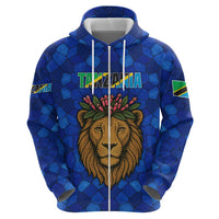 Tanzania Simba Lion Zip Hoodie with Floral Crown and Blue Mosaic Design
