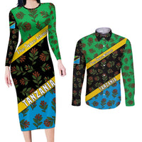 Tanzania Spice Island Couples Matching Long Sleeve Bodycon Dress and Long Sleeve Button Shirt with Clove Leaf Pattern and National Flag Colors
