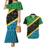 Tanzania Spice Island Couples Matching Mermaid Dress and Hawaiian Shirt with Clove Leaf Pattern and National Flag Colors
