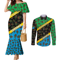 Tanzania Spice Island Couples Matching Mermaid Dress and Long Sleeve Button Shirt with Clove Leaf Pattern and National Flag Colors
