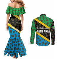 Tanzania Spice Island Couples Matching Mermaid Dress and Long Sleeve Button Shirt with Clove Leaf Pattern and National Flag Colors