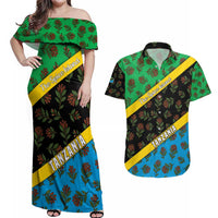 Tanzania Spice Island Couples Matching Off Shoulder Maxi Dress and Hawaiian Shirt with Clove Leaf Pattern and National Flag Colors