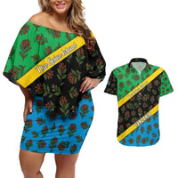 Tanzania Spice Island Couples Matching Off Shoulder Short Dress and Hawaiian Shirt with Clove Leaf Pattern and National Flag Colors