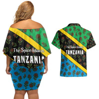 Tanzania Spice Island Couples Matching Off Shoulder Short Dress and Hawaiian Shirt with Clove Leaf Pattern and National Flag Colors