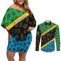 Tanzania Spice Island Couples Matching Off Shoulder Short Dress and Long Sleeve Button Shirt with Clove Leaf Pattern and National Flag Colors