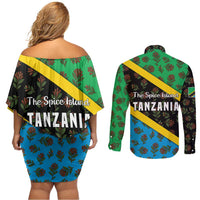 Tanzania Spice Island Couples Matching Off Shoulder Short Dress and Long Sleeve Button Shirt with Clove Leaf Pattern and National Flag Colors