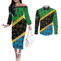 Tanzania Spice Island Couples Matching Off The Shoulder Long Sleeve Dress and Long Sleeve Button Shirt with Clove Leaf Pattern and National Flag Colors