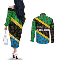 Tanzania Spice Island Couples Matching Off The Shoulder Long Sleeve Dress and Long Sleeve Button Shirt with Clove Leaf Pattern and National Flag Colors