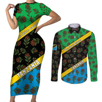 Tanzania Spice Island Couples Matching Short Sleeve Bodycon Dress and Long Sleeve Button Shirt with Clove Leaf Pattern and National Flag Colors