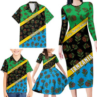 Tanzania Spice Island Family Matching Long Sleeve Bodycon Dress and Hawaiian Shirt with Clove Leaf Pattern and National Flag Colors