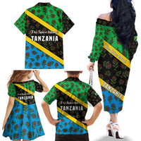 Tanzania Spice Island Family Matching Off The Shoulder Long Sleeve Dress and Hawaiian Shirt with Clove Leaf Pattern and National Flag Colors