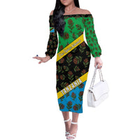 Tanzania Spice Island Family Matching Off The Shoulder Long Sleeve Dress and Hawaiian Shirt with Clove Leaf Pattern and National Flag Colors