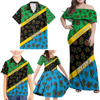 Tanzania Spice Island Family Matching Off Shoulder Maxi Dress and Hawaiian Shirt with Clove Leaf Pattern and National Flag Colors