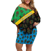 Tanzania Spice Island Family Matching Off Shoulder Short Dress and Hawaiian Shirt with Clove Leaf Pattern and National Flag Colors
