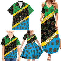 Tanzania Spice Island Family Matching Summer Maxi Dress and Hawaiian Shirt with Clove Leaf Pattern and National Flag Colors
