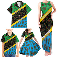 Tanzania Spice Island Family Matching Tank Maxi Dress and Hawaiian Shirt with Clove Leaf Pattern and National Flag Colors