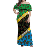 Tanzania Spice Island Off Shoulder Maxi Dress with Clove Leaf Pattern and National Flag Colors