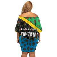 Tanzania Spice Island Off Shoulder Short Dress with Clove Leaf Pattern and National Flag Colors