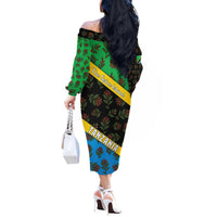 Tanzania Spice Island Off The Shoulder Long Sleeve Dress with Clove Leaf Pattern and National Flag Colors