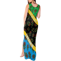 Tanzania Spice Island Tank Maxi Dress with Clove Leaf Pattern and National Flag Colors