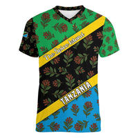 Tanzania Spice Island Women V-Neck T-Shirt with Clove Leaf Pattern and National Flag Colors