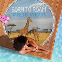 Tanzania Safari Giraffe Beach Blanket with Tribal Patterns and Mount Kilimanjaro Scene