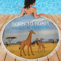 Tanzania Safari Giraffe Beach Blanket with Tribal Patterns and Mount Kilimanjaro Scene
