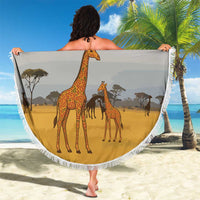 Tanzania Safari Giraffe Beach Blanket with Tribal Patterns and Mount Kilimanjaro Scene