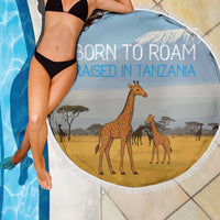 Tanzania Safari Giraffe Beach Blanket with Tribal Patterns and Mount Kilimanjaro Scene